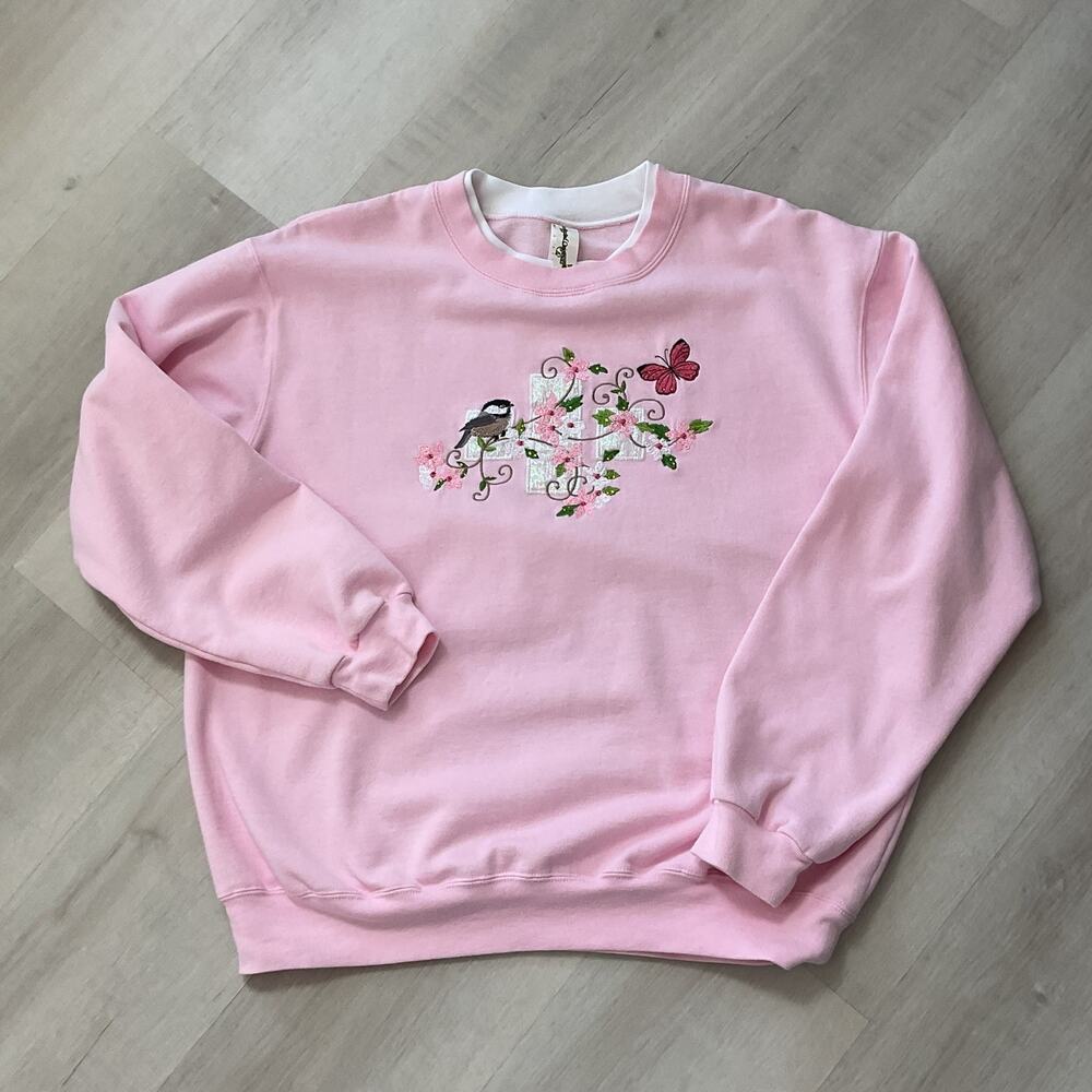 Vintage Pink Sweatshirt Embroidered Floral Bird Butterfly Womens L